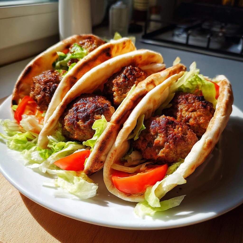 Drei frisch gefüllte Hackfleisch-Kebab im Pita mit knackigem Salat und roten Tomatenscheiben auf einem weißen Teller.