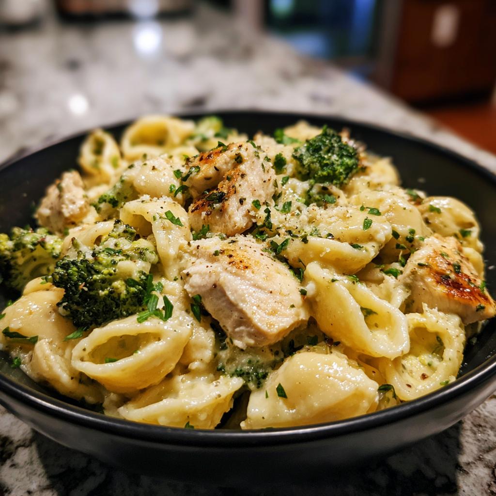 Nahaufnahme einer cremigen Schüssel Hähnchen-Brokkoli Pasta mit Muschelnudeln und Petersilie.