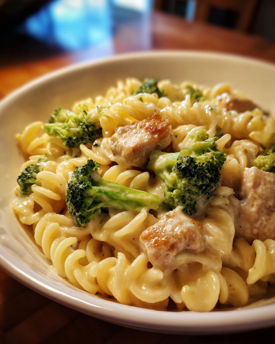 Nahaufnahme einer cremigen Hähnchen-Brokkoli Pasta mit Spiralnudeln, saftigen Hähnchenstücken und leuchtend grünem Brokkoli.