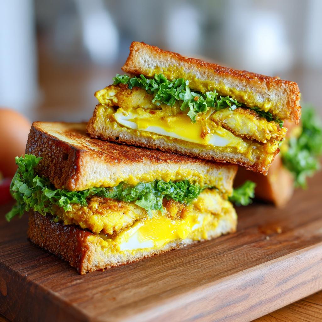 Zwei Hälften eines getoasteten Hähnchen-Curry-Sandwich mit cremigem Spiegelei und Salat.