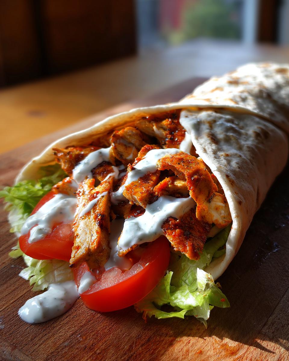 Ein saftiger Hähnchen-Döner aus der Pfanne, gefüllt mit mariniertem Hähnchen, Salat, Tomaten und Joghurtsauce in einem Fladenbrot.