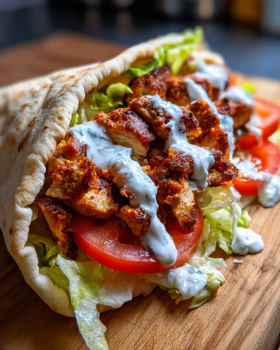 Ein saftiger Hähnchen-Döner aus der Pfanne gefüllt in einem Fladenbrot mit Salat, Tomaten und Joghurtsauce.