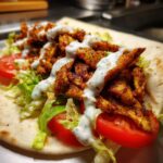 Nahaufnahme von würzigem Hähnchen-Döner aus der Pfanne auf Fladenbrot mit Salat, Tomaten und Joghurtsauce.