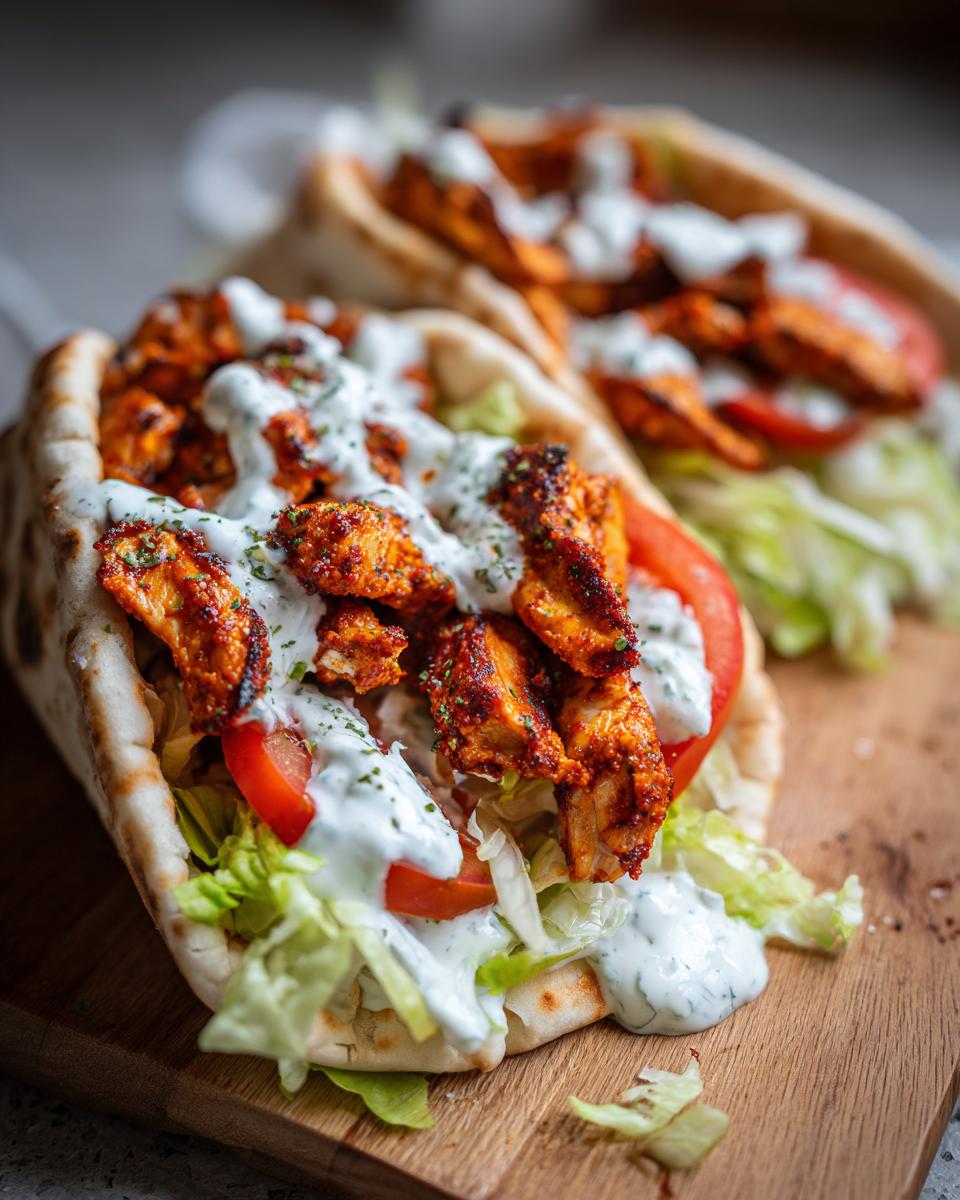 Nahaufnahme von zwei gefüllten Fladenbroten mit würzigem Hähnchen-Döner aus der Pfanne, Salat, Tomaten und viel Joghurtsauce.