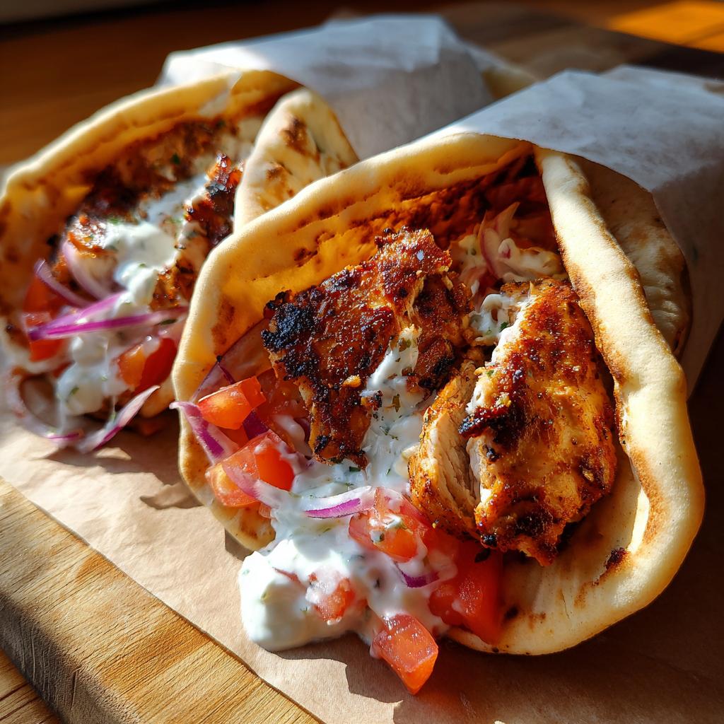 Zwei gefüllte Fladenbrote mit saftigem Hähnchen-Souvlaki, Tomaten, roten Zwiebeln und Tzatziki.
