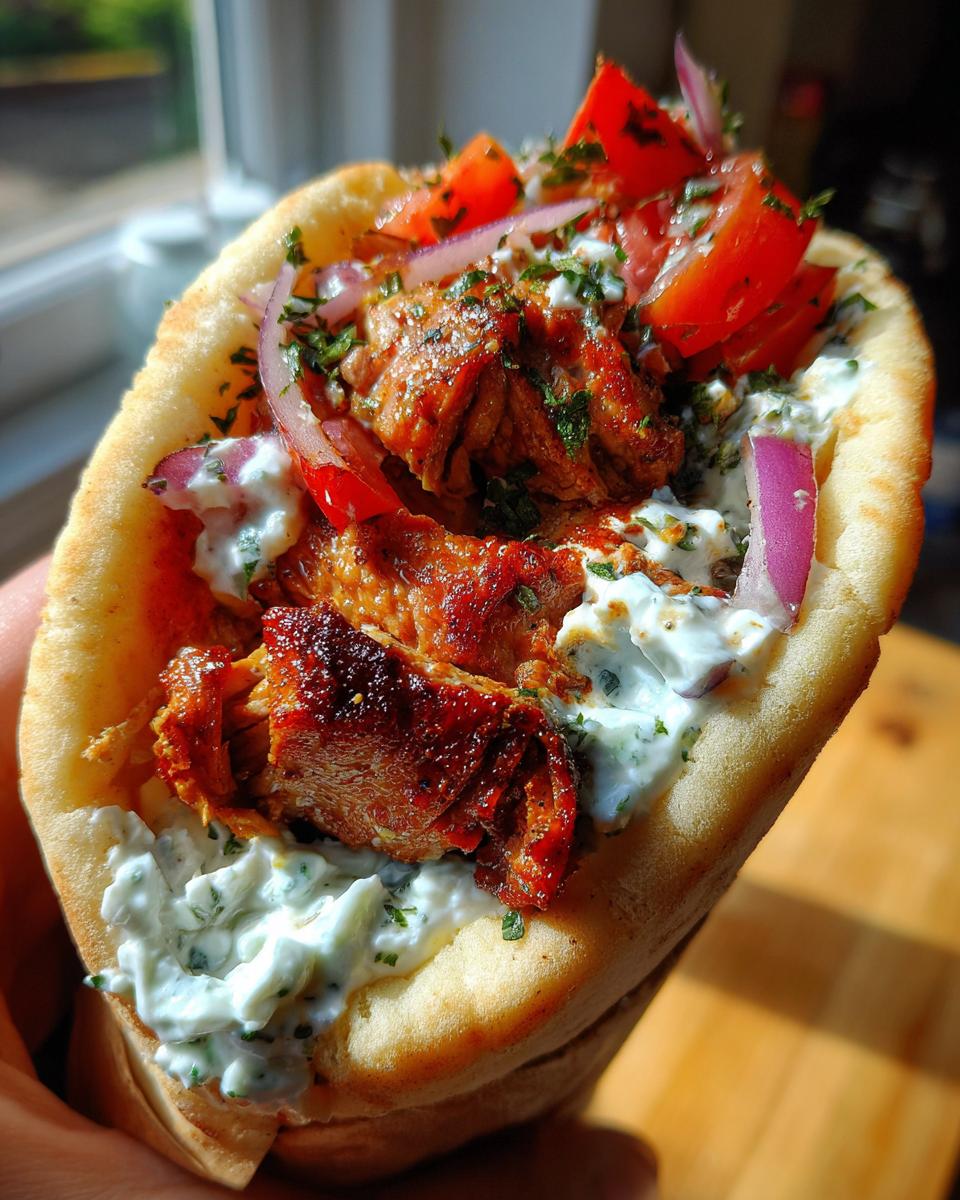 Nahaufnahme eines gefüllten Fladenbrots mit saftigem Hähnchen-Souvlaki, Tzatziki, Tomaten und roten Zwiebeln.