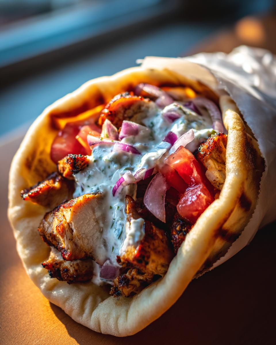 Nahaufnahme von saftigem Hähnchen-Souvlaki im Fladenbrot mit Zwiebeln, Tomaten und Tzatziki.