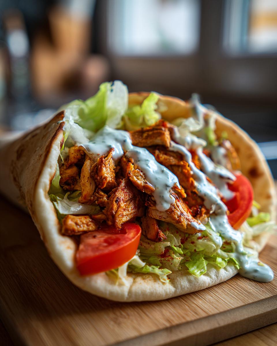 Nahaufnahme eines Hähnchen-Döner aus der Pfanne gefüllt mit Fleisch, Salat, Tomaten und viel Joghurtsauce.
