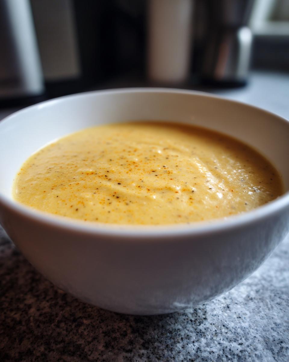 Nahaufnahme einer cremigen, gelblichen Herzhafte Kartoffelsuppe wie bei Oma, bestreut mit Pfeffer und Paprika.