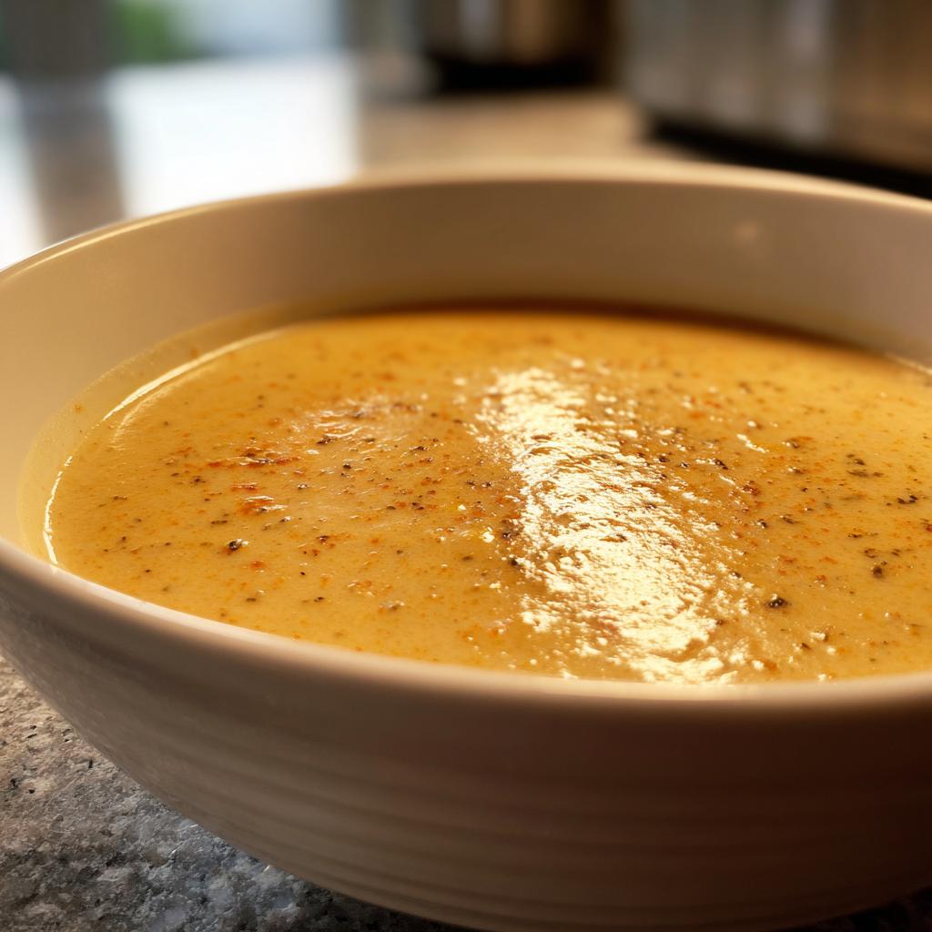 Nahaufnahme einer cremigen, orange-gelben Herzhafte Kartoffelsuppe wie bei Oma, bestreut mit Pfeffer.