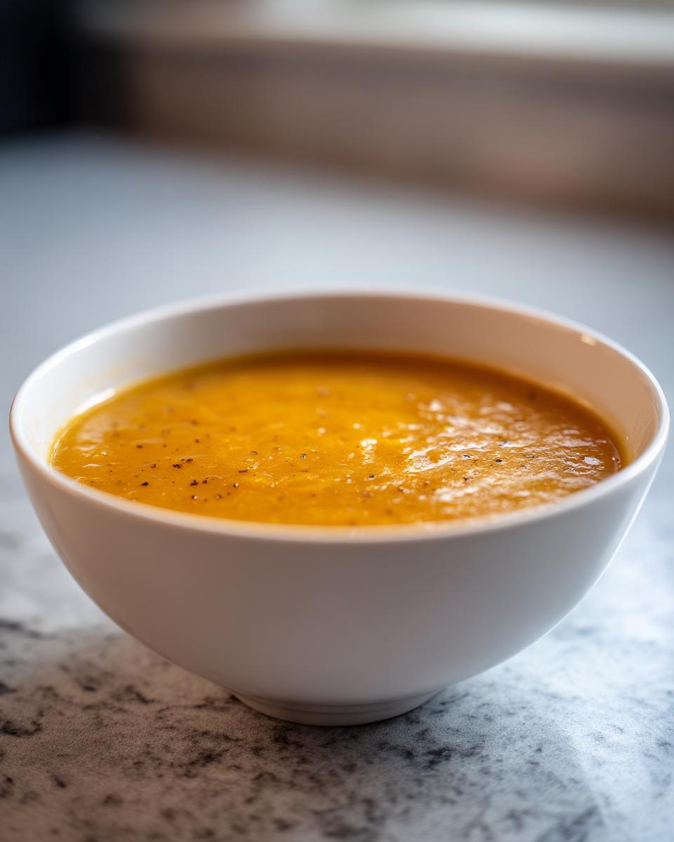 Nahaufnahme einer cremigen, orangefarbenen Herzhafte Kartoffelsuppe wie bei Oma in einer weißen Schale.