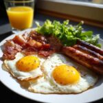 Teller mit herzhaftem Frühstück: Wiener Würstchen, knuspriger Speck, Spiegeleier und Salat.