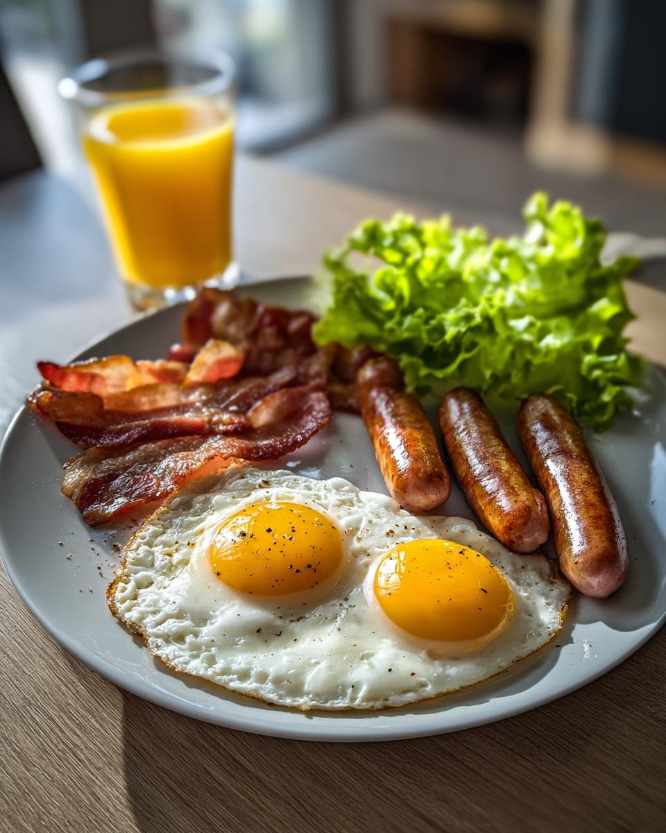 Teller mit herzhaftem Frühstück: Spiegeleier, Wiener Würstchen, Speck, Salat und Orangensaft.