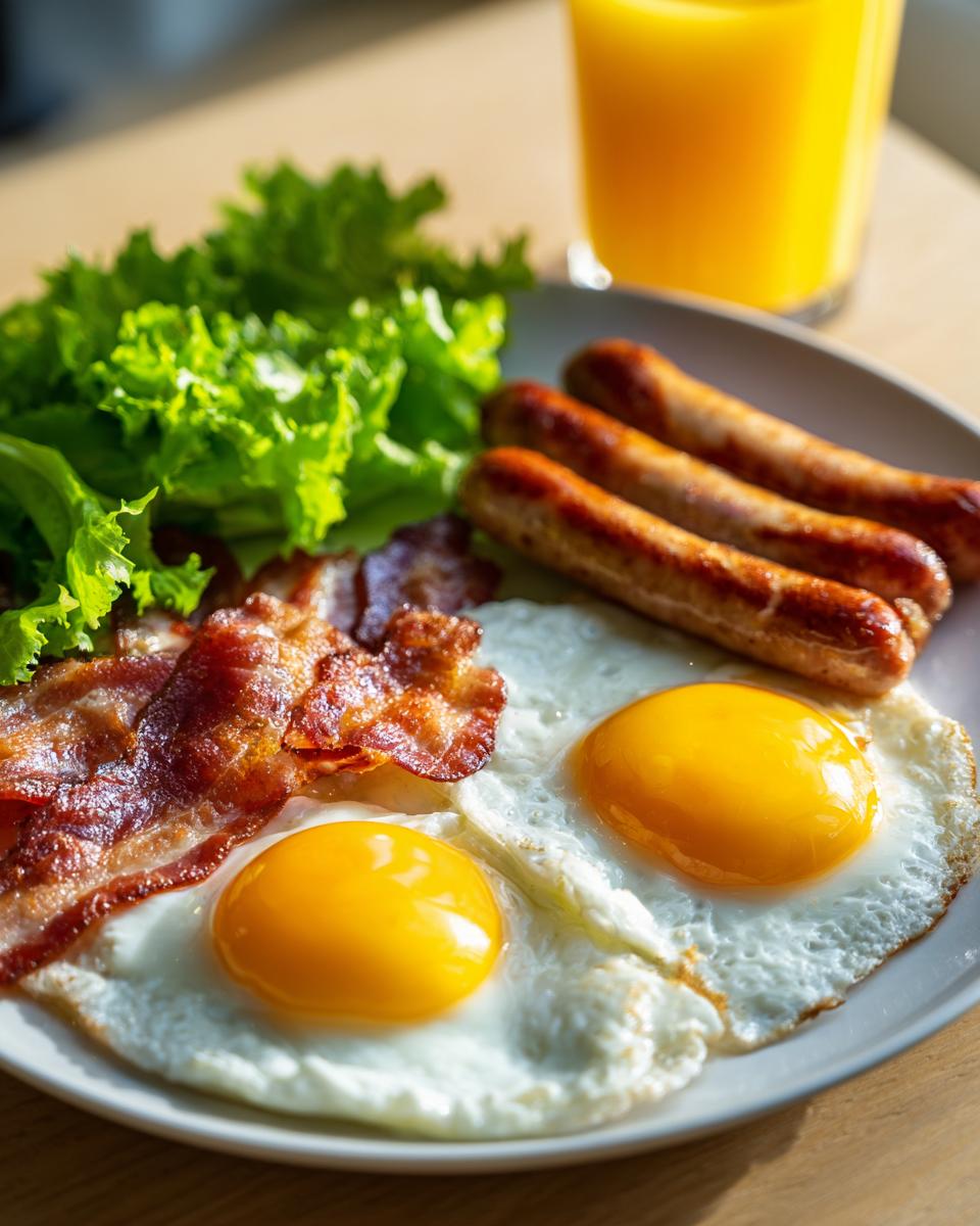Nahaufnahme eines herzhaften Frühstücks mit Wiener Würstchen, knusprigem Speck, Spiegeleiern und Salat.