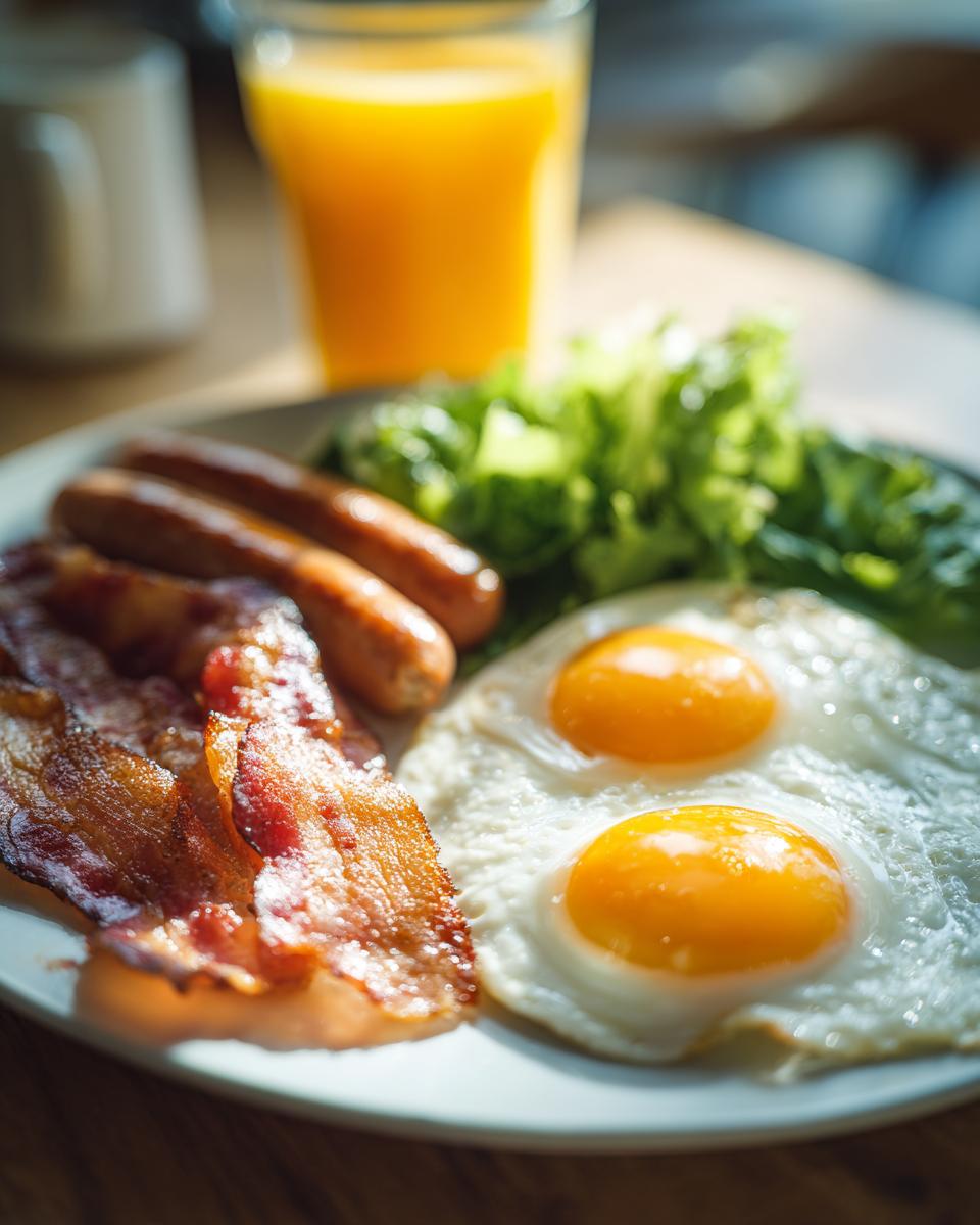 Teller mit Herzhaftes Frühstück mit Wiener Würstchen, Speck, Spiegeleiern, Salat und Orangensaft.