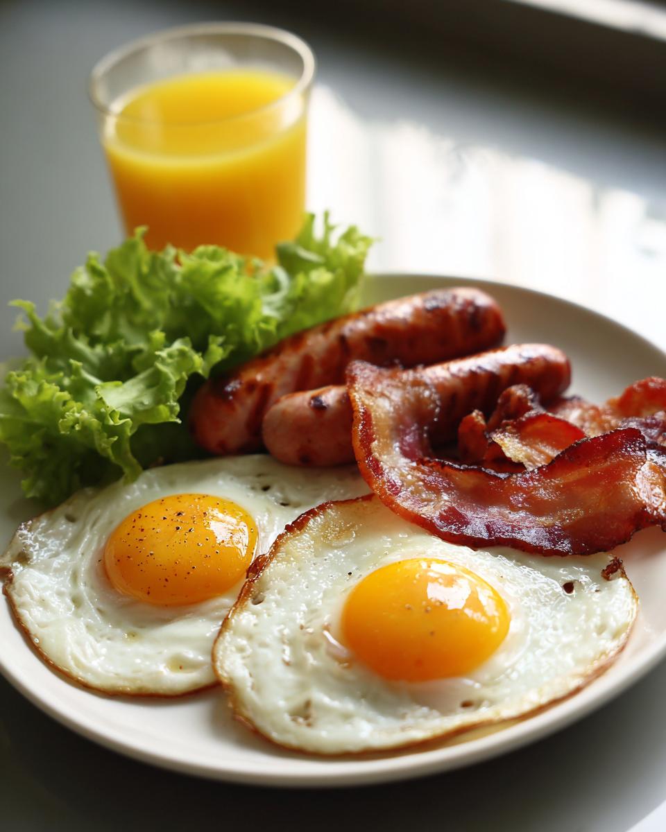 Teller mit herzhaftem Frühstück: Wiener Würstchen, knuspriger Speck, zwei Spiegeleier, Salat und Orangensaft.