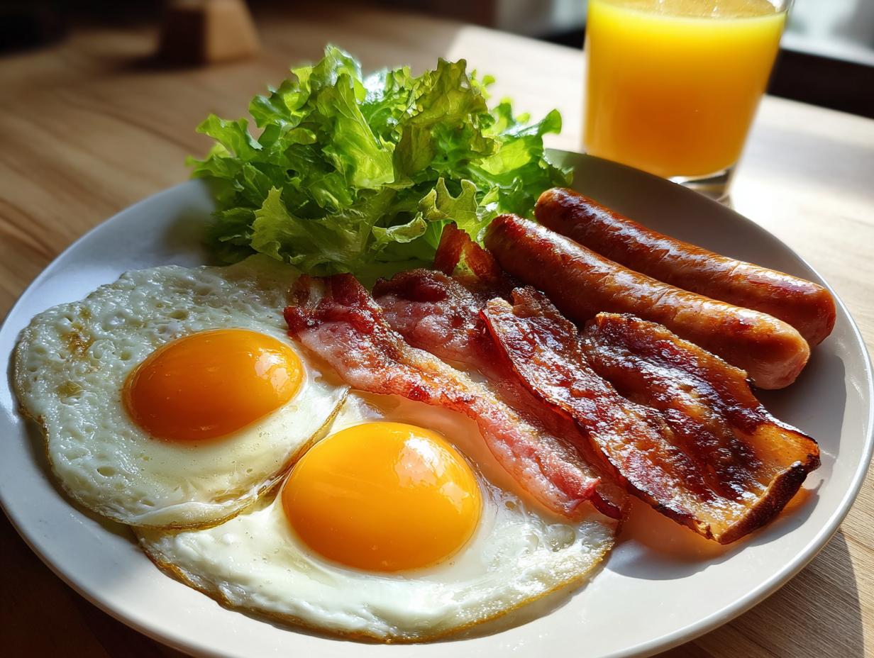 Teller mit Herzhaftes Frühstück mit Wiener Würstchen, Speck, Spiegeleiern und Salat.