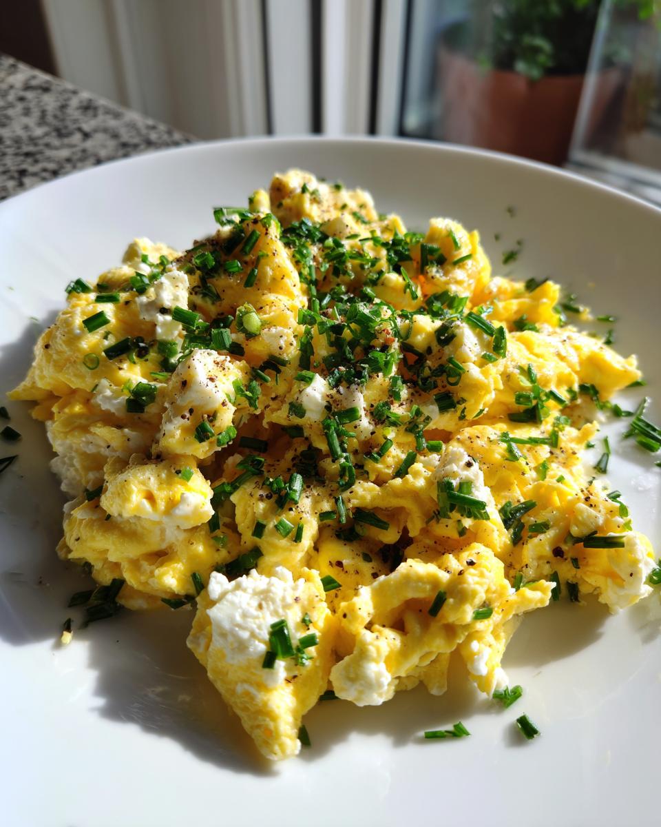 Ein Teller mit cremigem High-Protein Rührei mit Kräutern und weißen Hüttenkäse-Stückchen.