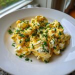 Nahaufnahme von cremigem High-Protein Rührei mit Hüttenkäse und frischen Schnittlauchröllchen auf einem weißen Teller.