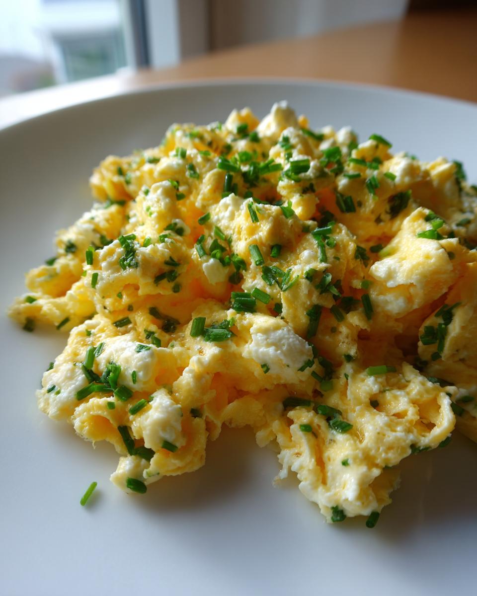 Nahaufnahme von cremigem High-Protein Rührei mit weißen Hüttenkäse-Stücken und frischem Schnittlauch.