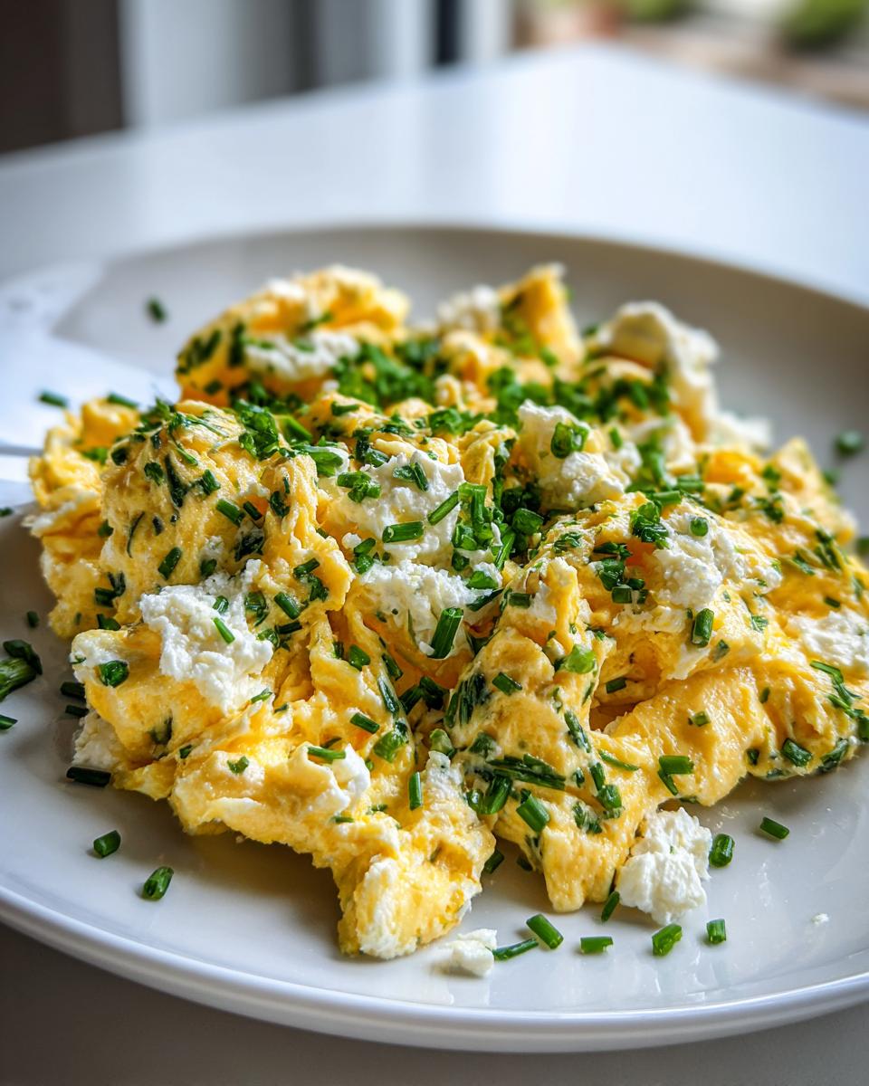Nahaufnahme von cremigem High-Protein Rührei mit Hüttenkäse und frischem Schnittlauch auf einem weißen Teller.