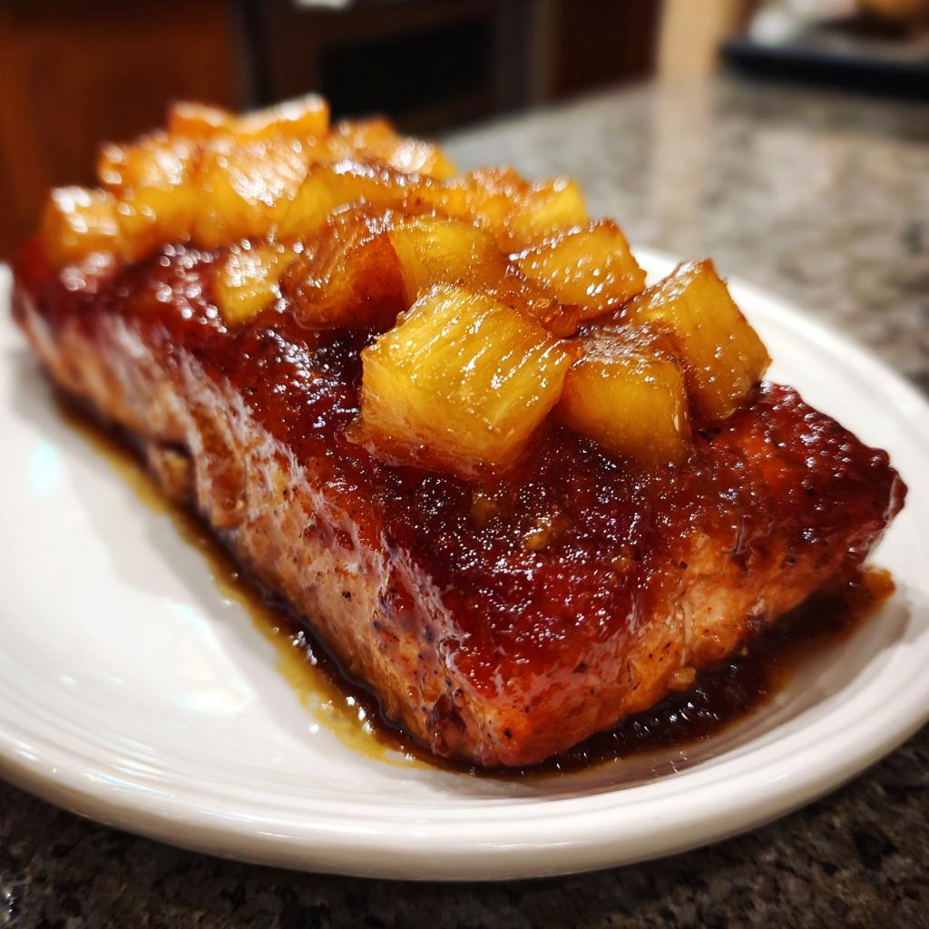 Nahaufnahme eines saftigen Honig-Ananas-Lachs Filets mit karamellisierter Glasur und Ananasstücken.