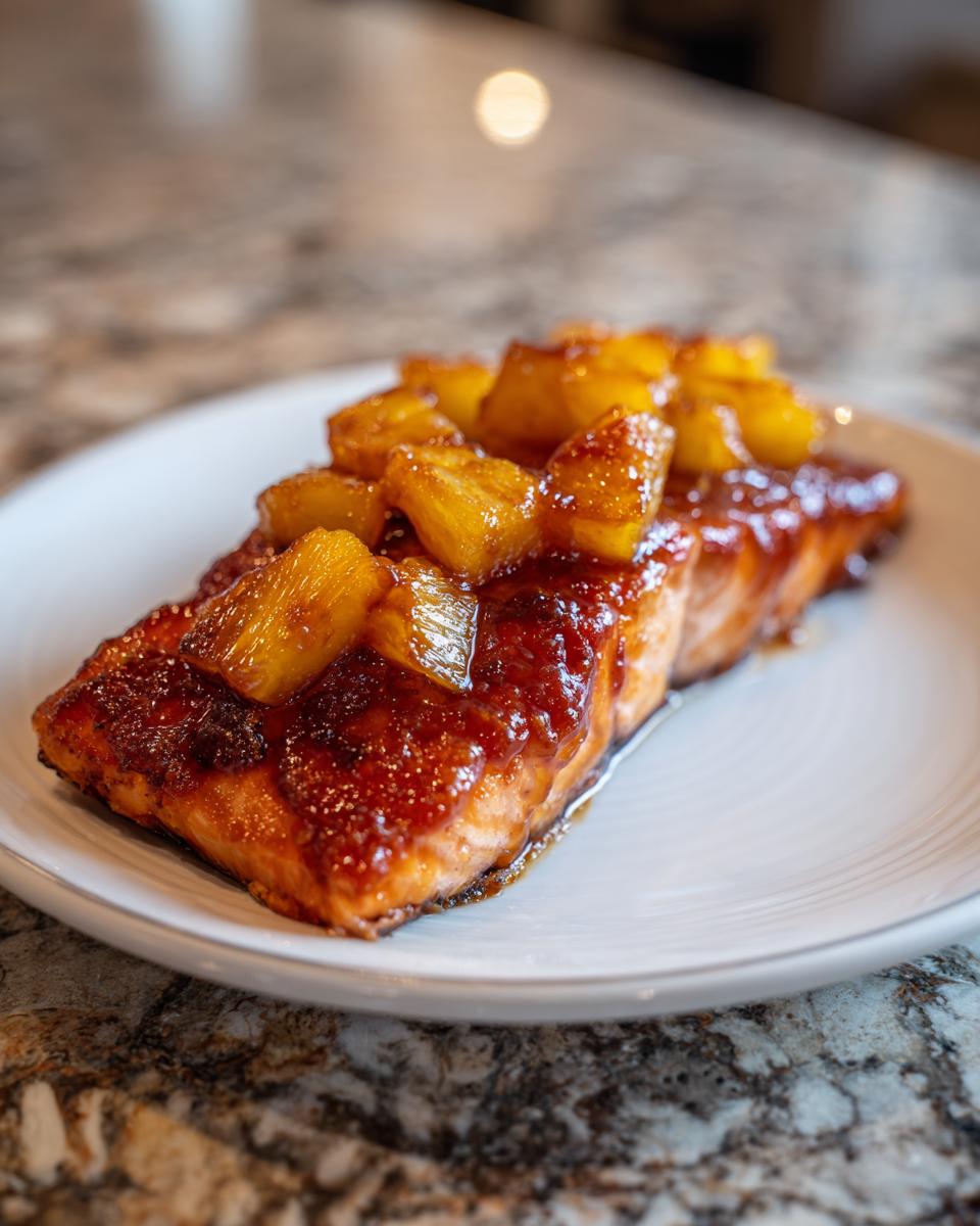 Ein saftiges Stück Honig-Ananas-Lachs, glasiert und belegt mit karamellisierten Ananasstücken.