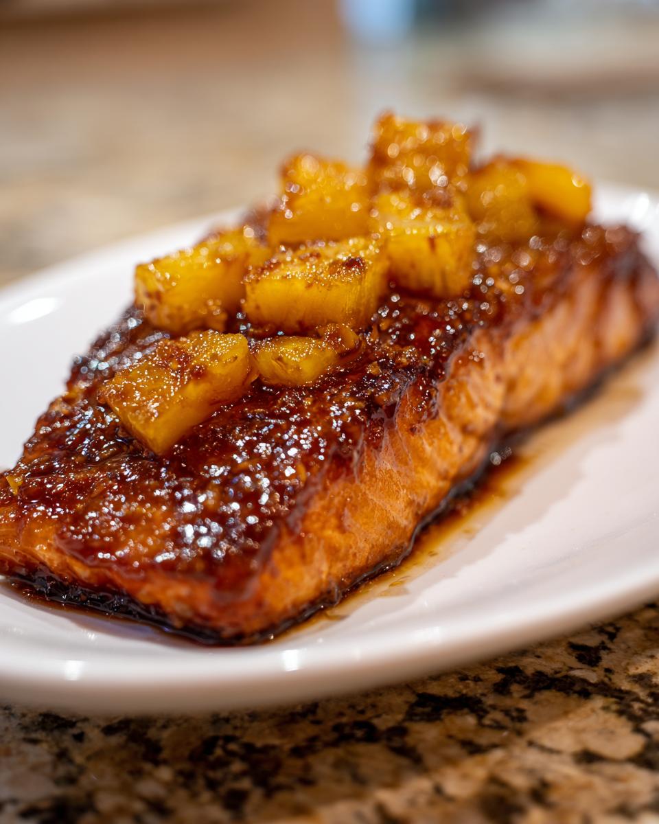 Ein saftiges Stück Honig-Ananas-Lachs mit karamellisierter Glasur und Ananasstücken.
