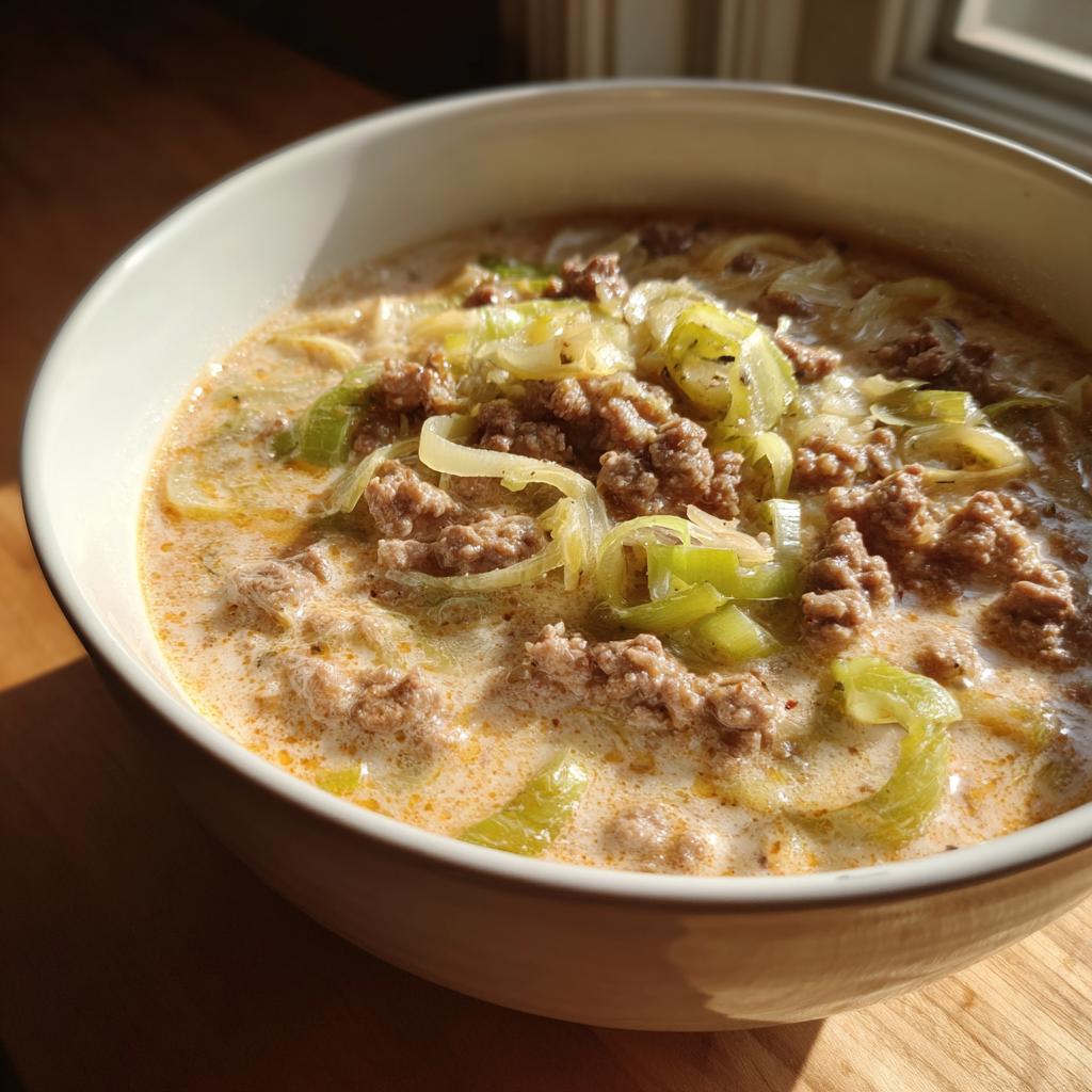 Nahaufnahme einer cremigen Käse-Lauch-Suppe mit Hackfleisch und viel Lauch in einer weißen Schüssel.