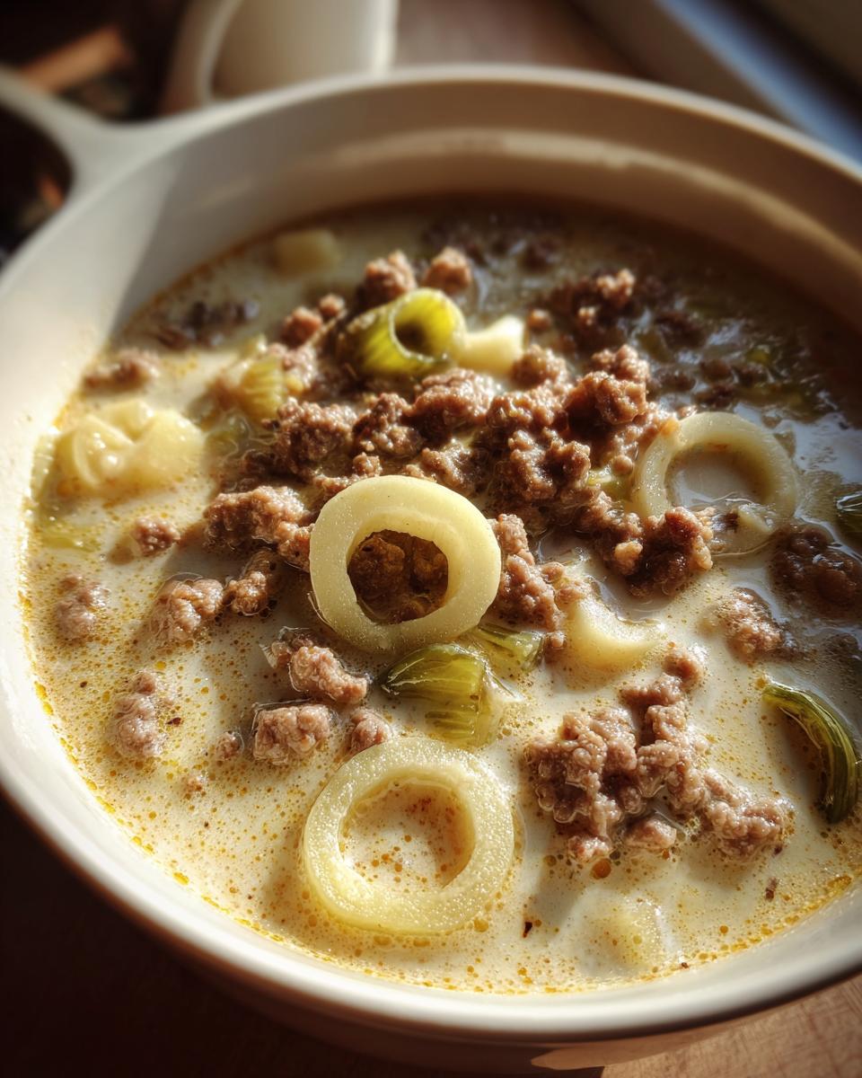 Nahaufnahme einer cremigen Käse-Lauch-Suppe mit Hackfleisch und Lauchringen in einer hellen Schüssel.