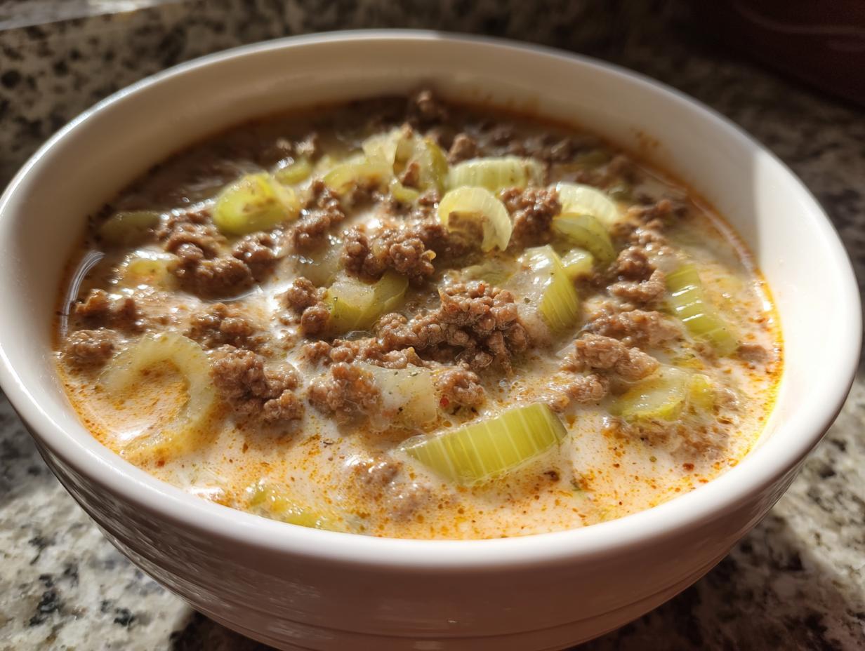 Nahaufnahme einer dampfenden Schüssel Käse-Lauch-Suppe mit Hackfleisch und grünen Lauchstücken.
