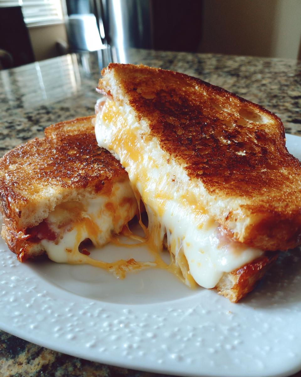 Zwei Hälften eines goldbraun gerösteten Käse-Schinken-Sandwich überbacken, bei dem der geschmolzene Käse herausläuft.
