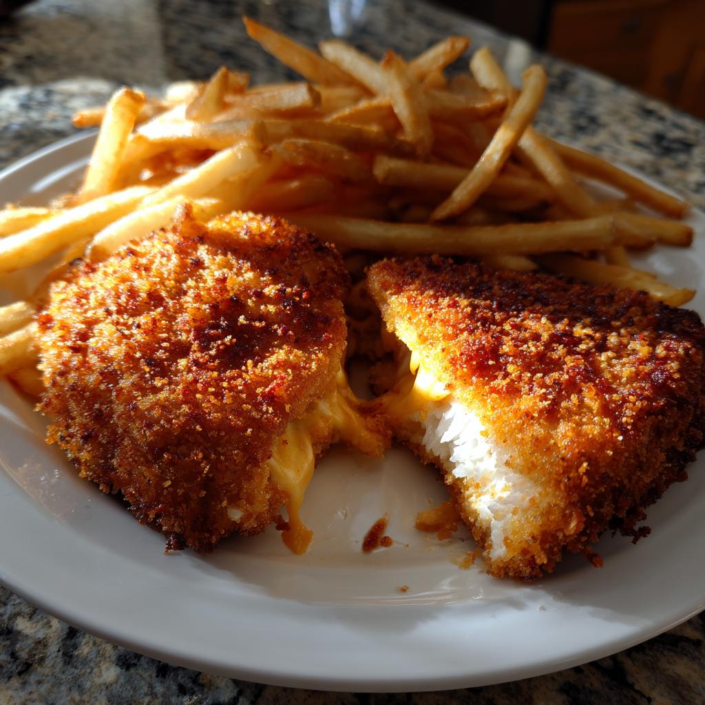 Ein aufgeschnittenes, goldbraun paniertes Käseschnitzel mit herauslaufendem Käse, serviert mit einer Portion knuspriger Pommes.