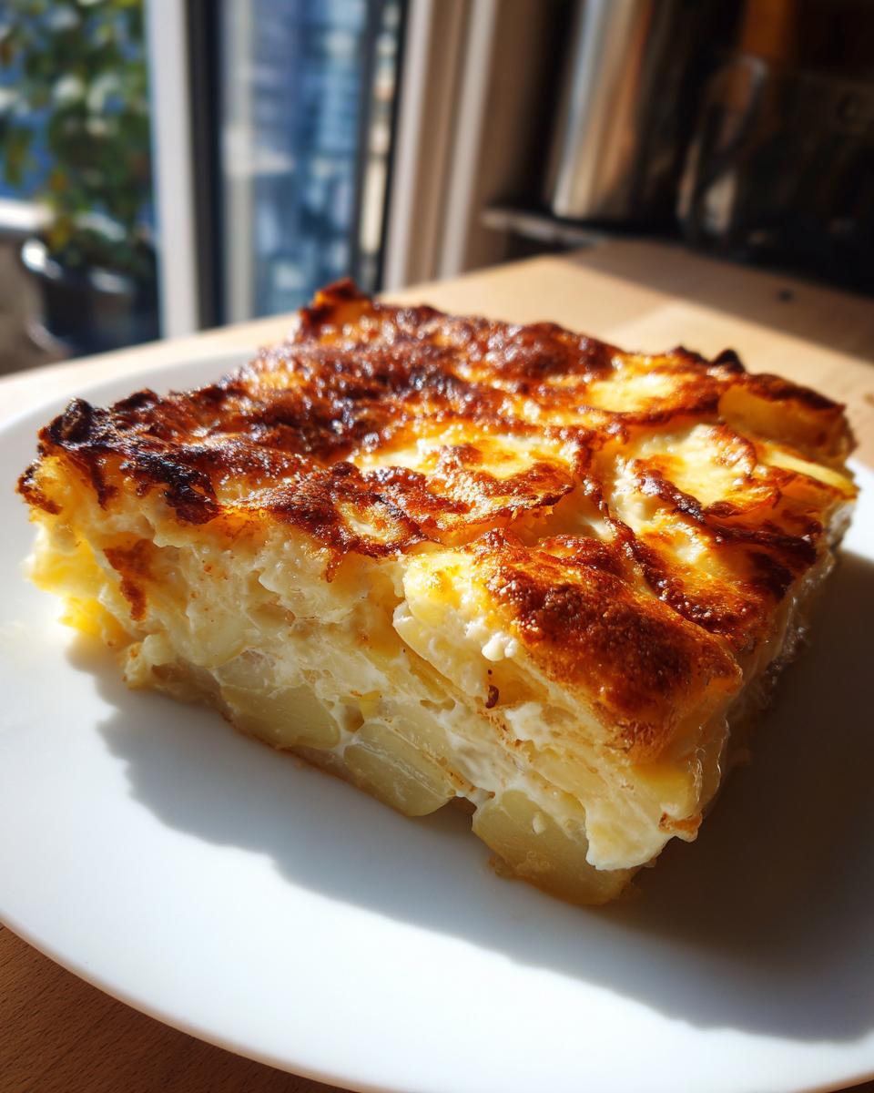 Ein saftiges Stück Kartoffelgratin mit knuspriger Käsekruste auf einem weißen Teller, im hellen Sonnenlicht.