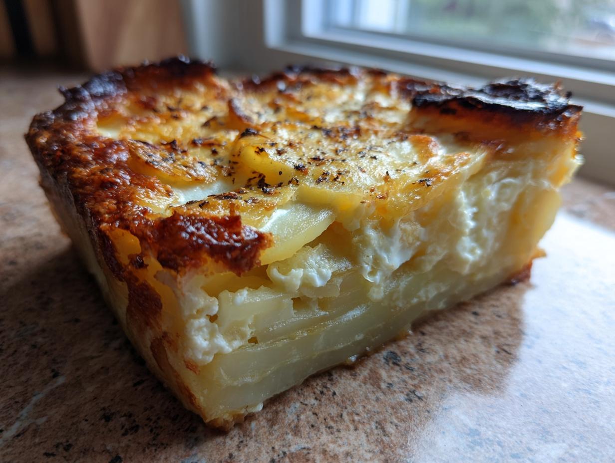 Ein dickes Stück Kartoffelgratin mit knuspriger Käsekruste und cremiger Füllung.