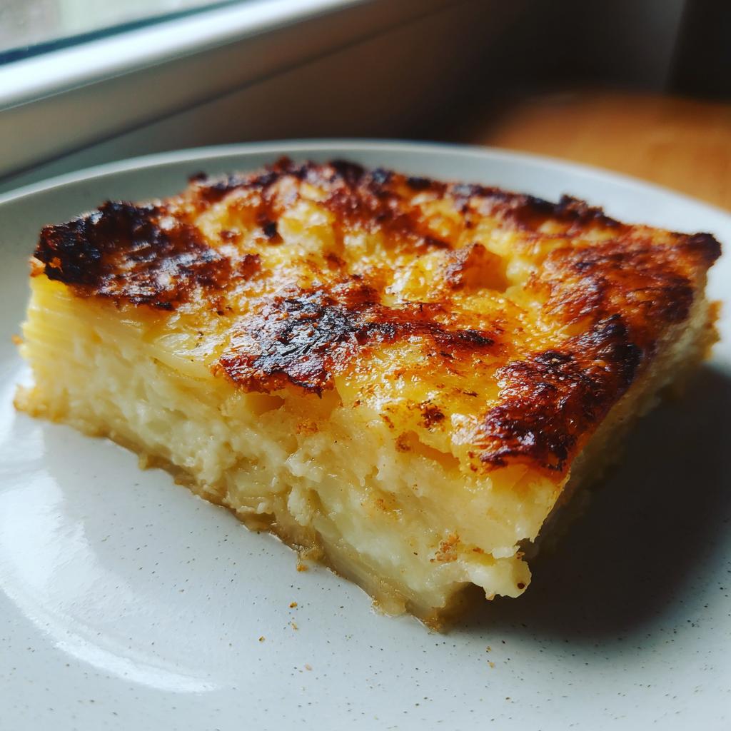 Ein appetitliches Stück Kartoffelgratin mit knuspriger Käsekruste auf einem hellen Teller.