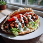 Nahaufnahme eines saftigen Kebab-Sandwich mit Hackfleisch, Salat, Tomaten und viel Joghurtsauce auf einem Teller.
