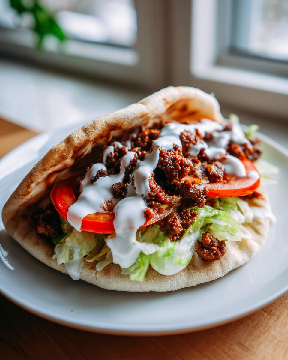 Ein saftiges Kebab-Sandwich mit Hackfleisch, Salat, Tomaten und viel Joghurtsauce in einem aufgeschnittenen Fladenbrot.