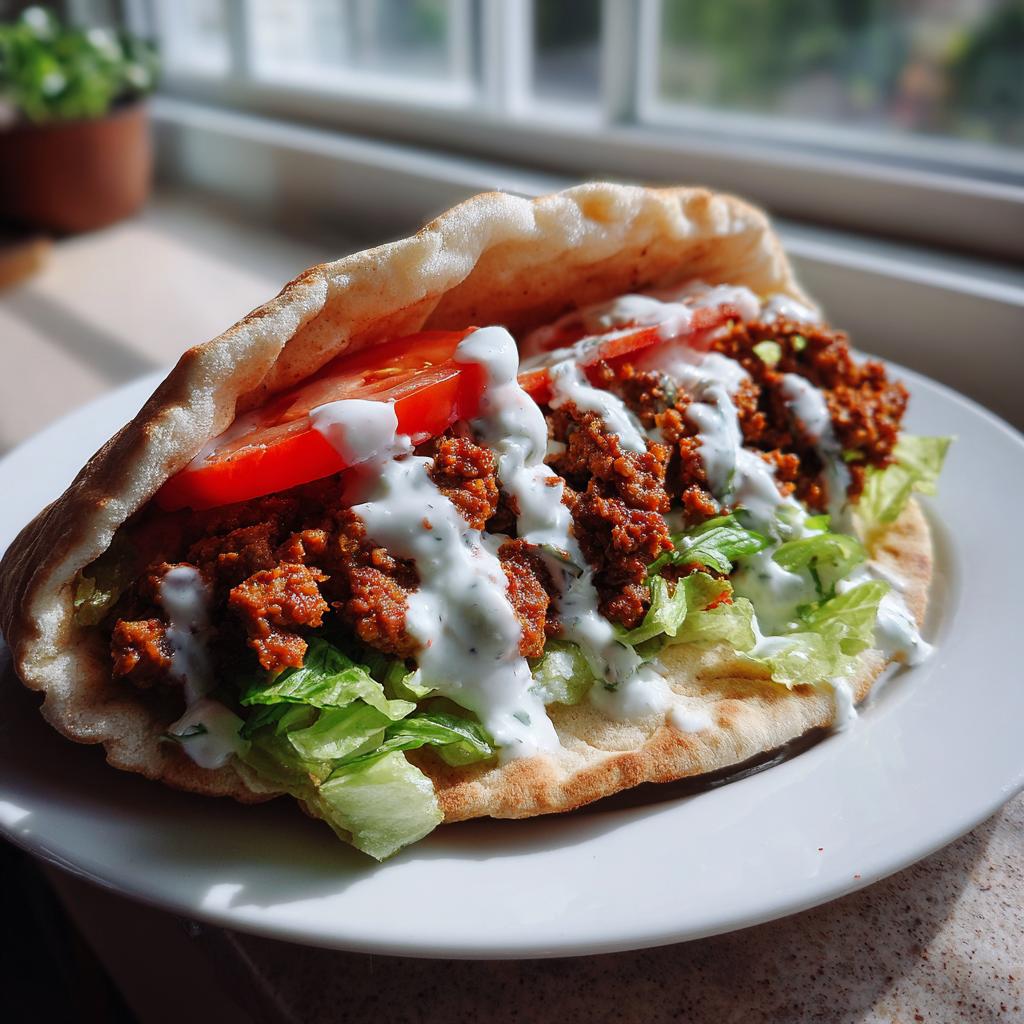 Nahaufnahme eines saftigen Kebab-Sandwich mit Hackfleisch, Salat, Tomaten und viel Joghurtsauce auf einem Teller.
