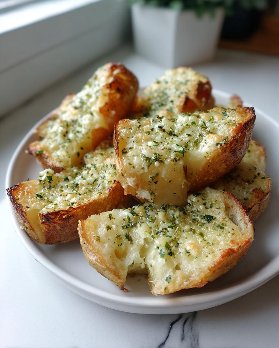 Goldbraun gebackene Knoblauch-Parmesan Ofenkartoffeln mit viel Kräutern auf einem weißen Teller.
