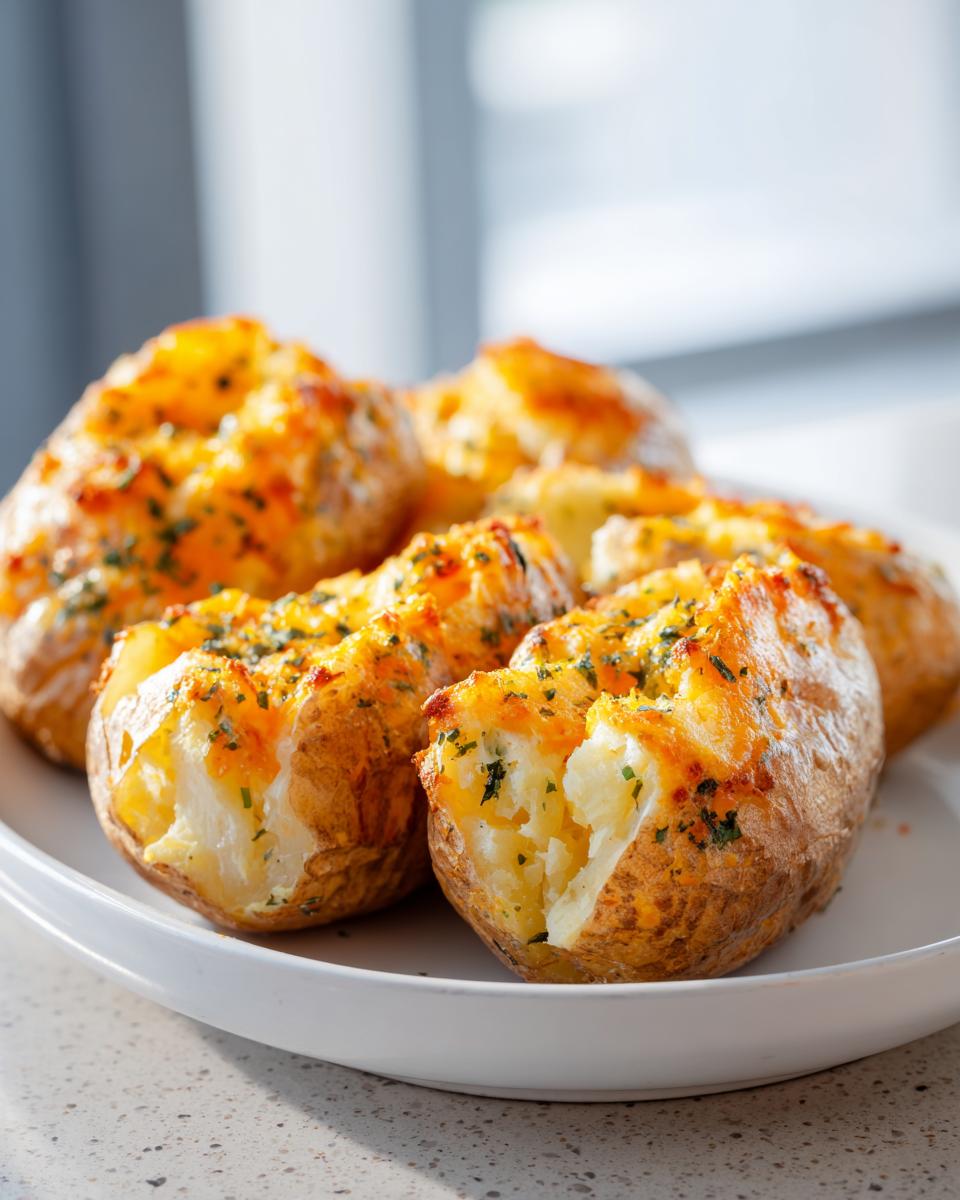 Nahaufnahme von fluffigen Knoblauch-Parmesan Ofenkartoffeln mit geschmolzenem Käse und Kräutern.