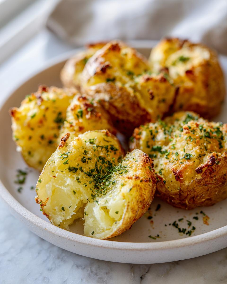 Nahaufnahme von fluffigen Knoblauch-Parmesan Ofenkartoffeln, bestreut mit Petersilie auf einem Teller.