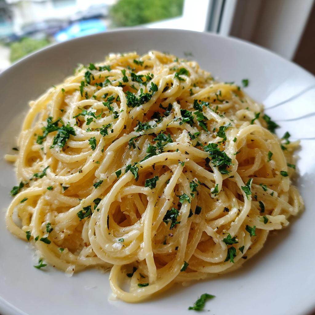 Nahaufnahme von cremiger Knoblauch-Parmesan-Pasta, reichlich garniert mit frischer Petersilie.