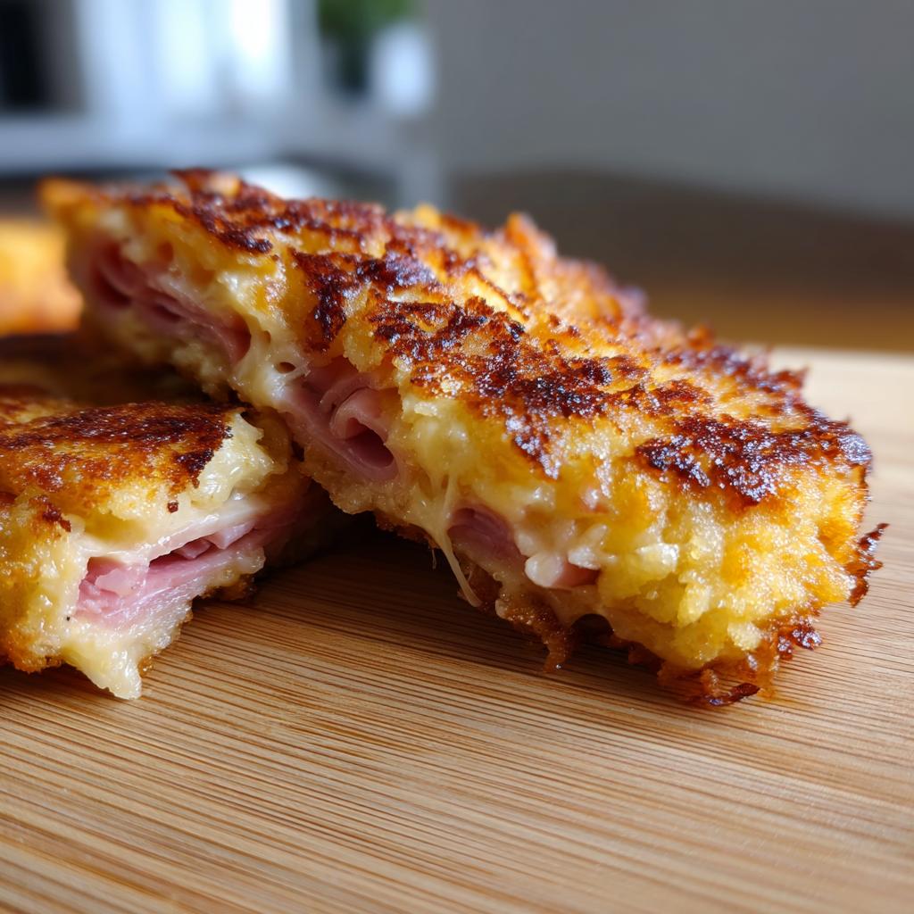 Zwei Hälften eines goldbraun gebratenen Schinken-Käse-Schnitzels mit geschmolzenem Käse und Schinken.