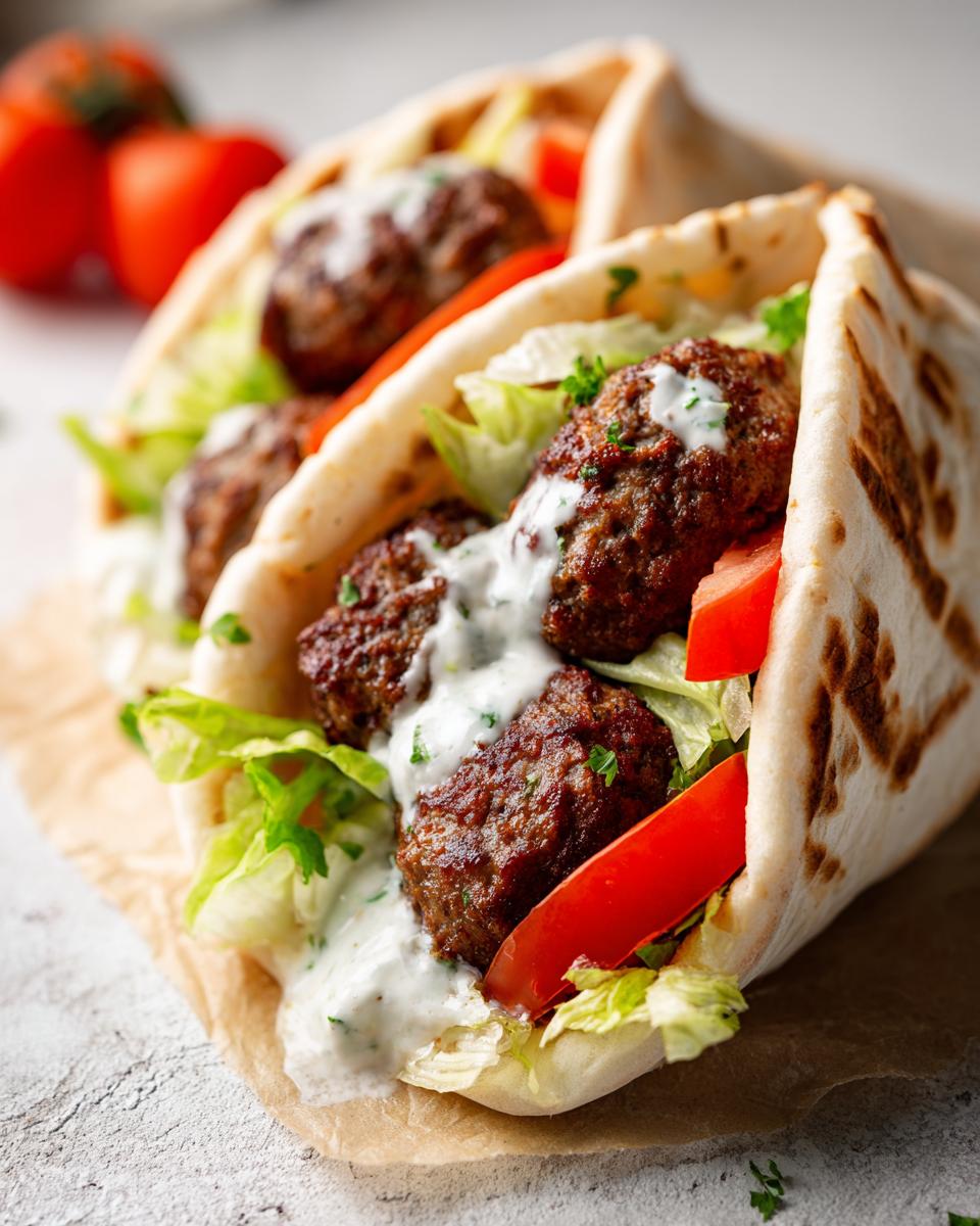 Zwei saftige Köfte-Sandwiches im Fladenbrot gefüllt mit Fleischbällchen, Salat, Tomaten und Joghurtsauce.