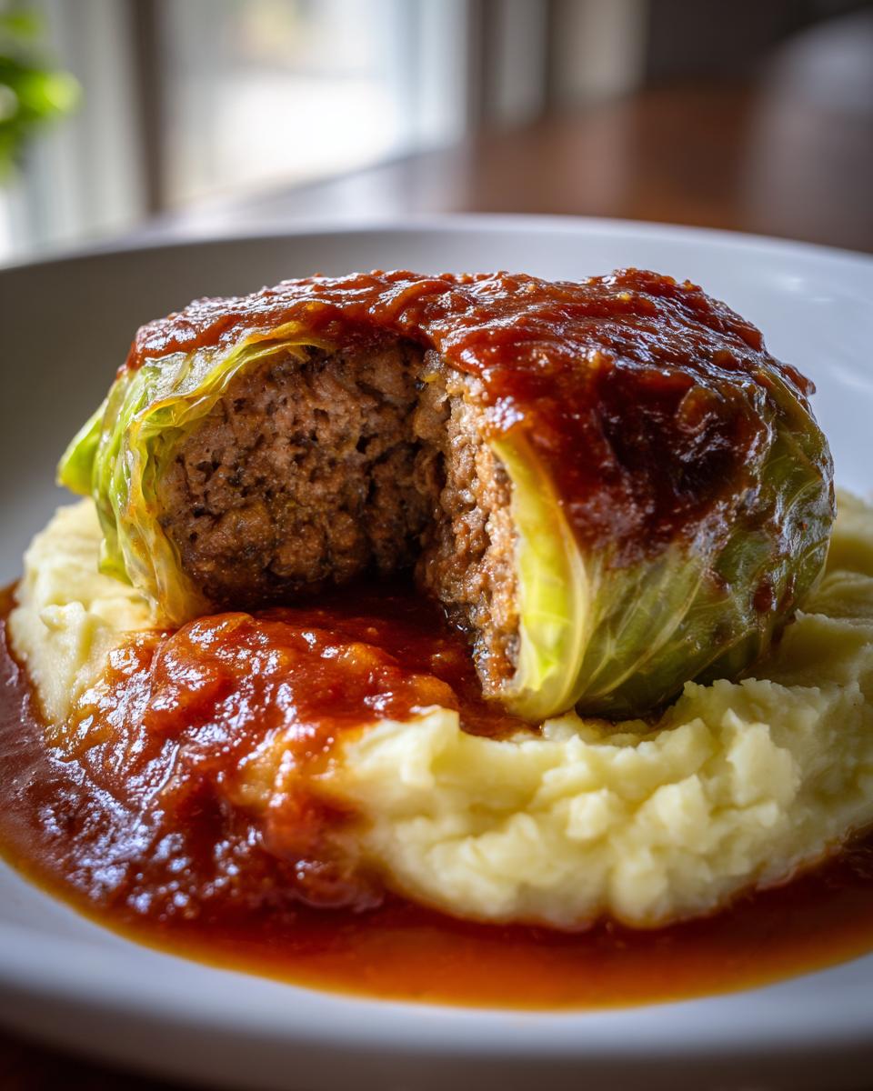 Nahaufnahme einer aufgeschnittenen Kohlroulade, gefüllt mit Hackfleisch, auf cremigem Kartoffelpüree und Tomatensauce.