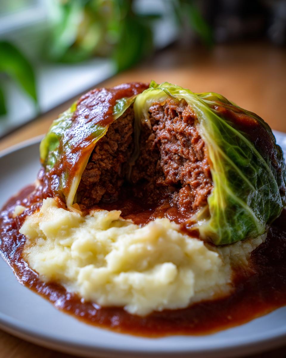 Nahaufnahme von saftigen Kohlrouladen, aufgeschnitten, mit herzhafter Füllung und Kartoffelpüree.