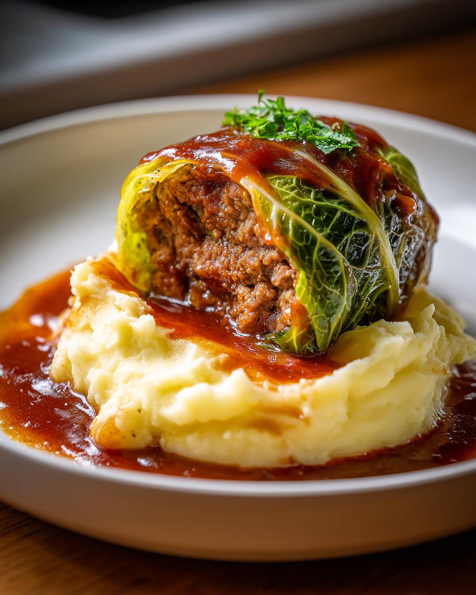 Ein einzelnes, perfekt geschmortes Kohlroulade auf einem Bett aus cremigem Kartoffelpüree mit dunkler Soße.