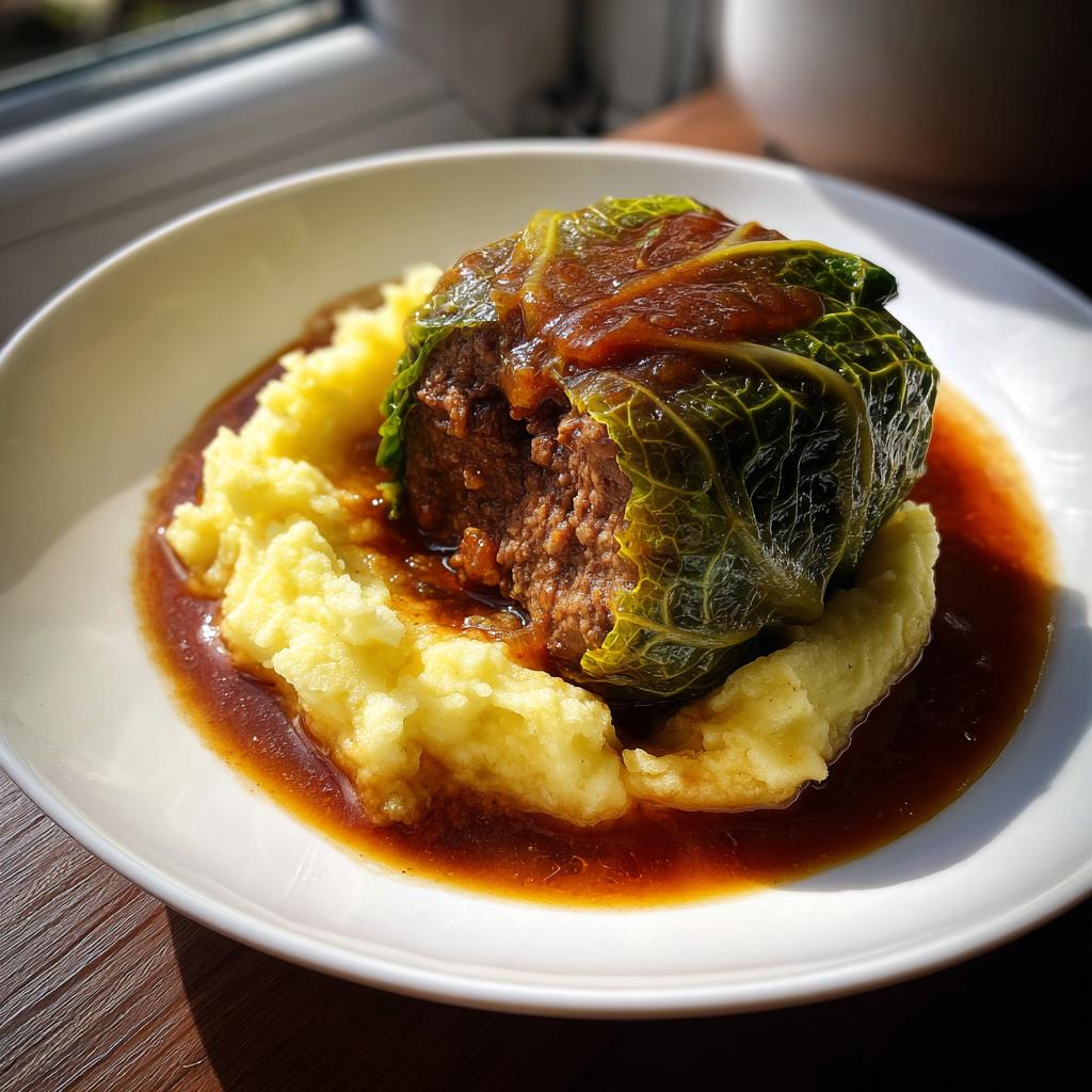 Eine einzelne, perfekt geschmorte Kohlroulade umhüllt von Kohlblättern, serviert auf Kartoffelpüree mit dunkler Soße.