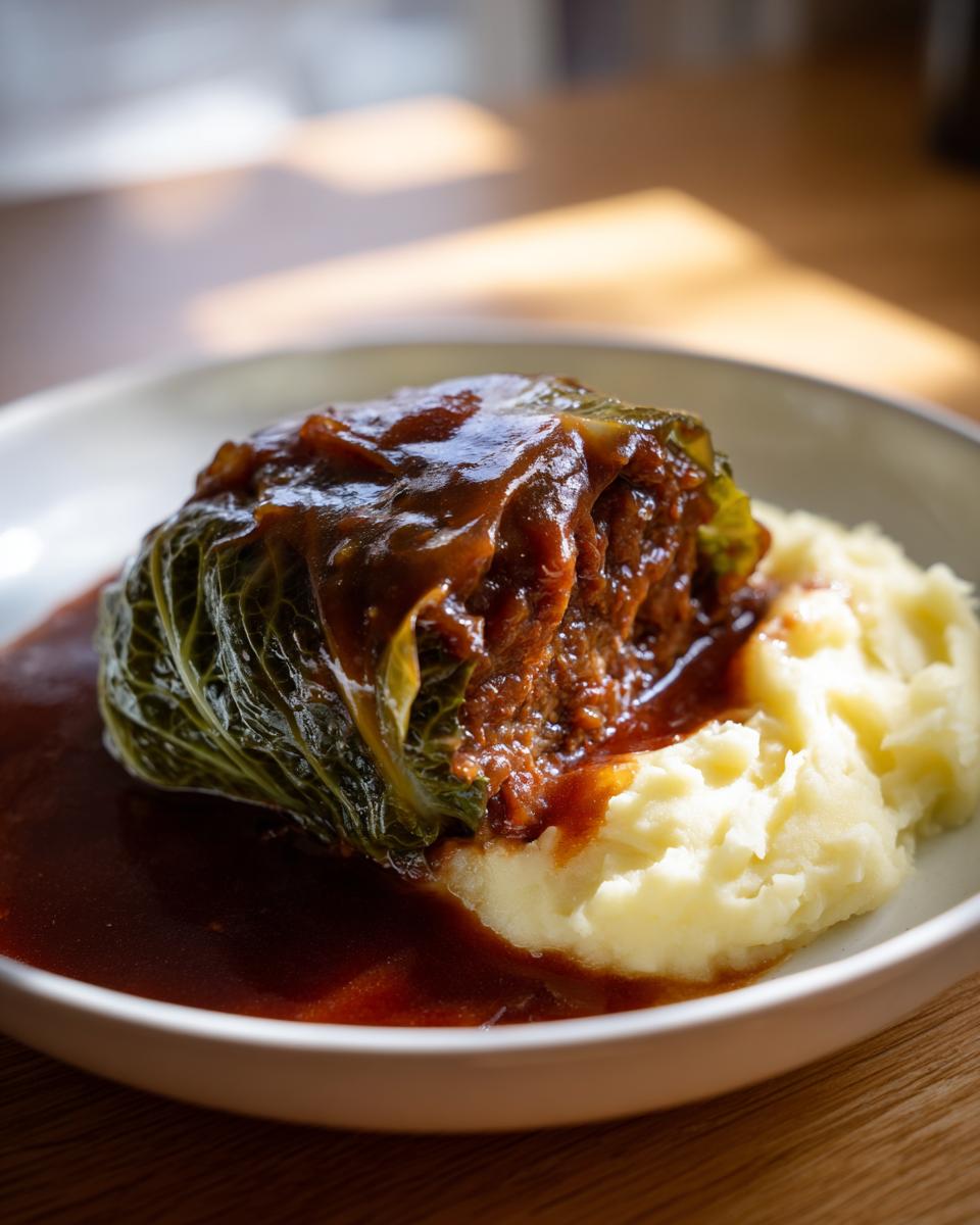Ein Teller mit einer Kohlroulade, bedeckt mit dunkler Soße, serviert neben cremigem Kartoffelpüree.